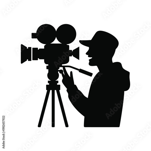 A filmmaker operating a professional camera on a tripod stand