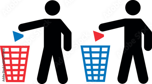 Two figures disposing waste into different colored recycling bins