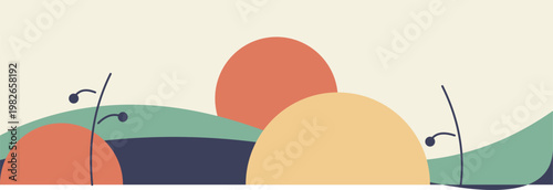 Hand-drawn minimalist boho landscape featuring abstract sun rolling hills and botanical garden elements artistic illustration