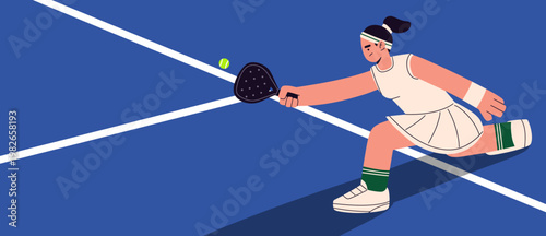 Flat vector illustration of a female tennis player lunging to hit the ball on a court. Modern minimalist design with dynamic motion, ideal for sports, health, and athletic themes.