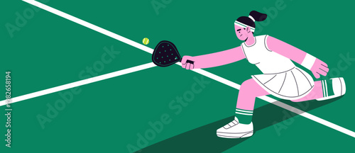 Flat vector illustration of a female tennis player lunging to hit the ball on a court. Modern minimalist design with dynamic motion, ideal for sports, health, and athletic themes.