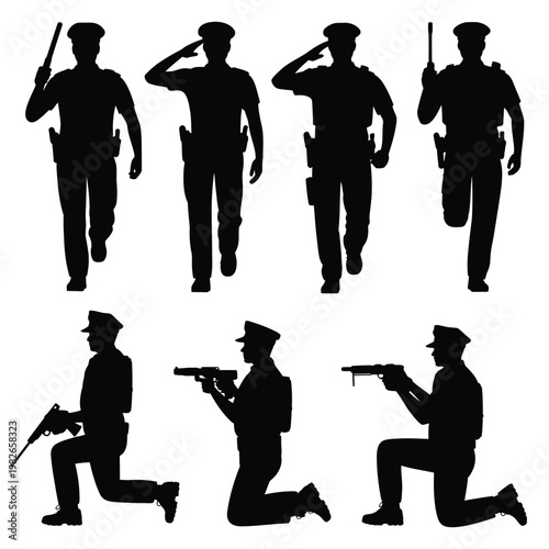 Silhouettes of police officers in various poses and actions