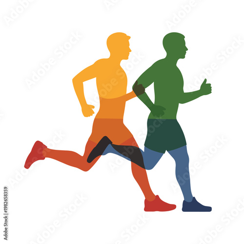 Two men running side by side in a colorful illustration