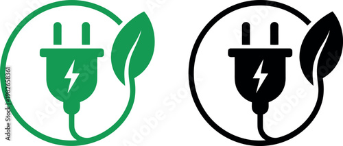 Green and black eco-friendly electrical power symbols with leaf accents