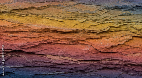 Close-up of colorful sedimentary rock layers at dusk