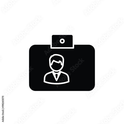 Black id badge with white silhouette of a man wearing a tie