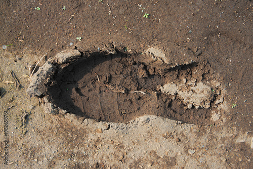 A single footprint left in the dark, damp earth, captured in a close-up photo emphasizing natural texture.