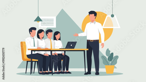 Business meeting: presenter teaching employees in office, teamwork, presentation