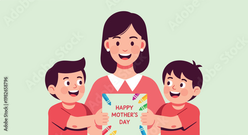 Mother and children holding sign.