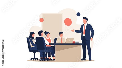 Business meeting: speaker presenting to colleagues at a conference table, flat design illustration