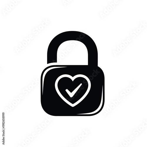 Black silhouette of a padlock with heart and checkmark