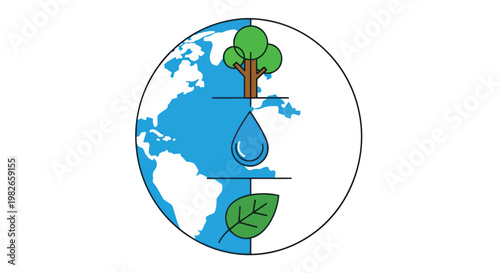 Earth divided into four sections with tree water drop and leaves symbolizing environmental conservation and sustainability