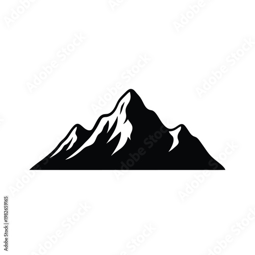 Black and white silhouette of a mountain range with snowy peaks