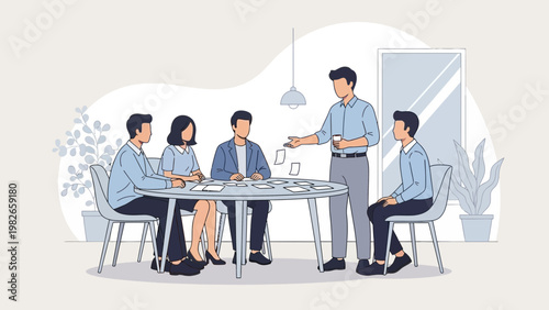 Business meeting in office, team discussing project at table, teamwork, collaboration, modern workspace