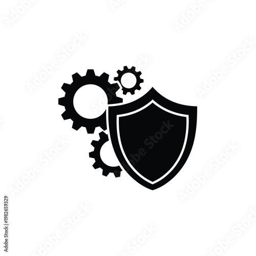 Black gears and shield silhouette, symbolizing protection
