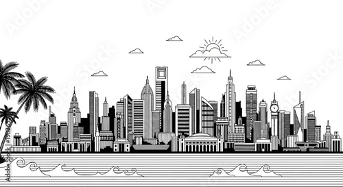 Detailed panoramic city skyline line art with waves palm trees and sun representing vibrant metropolitan waterfront destination