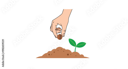 Hand planting seedling in soil with green leaves symbolizing growth and nurturing in gardening