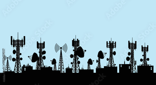 Telecommunication Towers and Satellite Dishes Silhouette Against Blue Sky Symbolizing Global Network and Data Transmission Technology