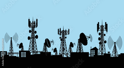 Wireless Communication Infrastructure Silhouettes Including Radio Antennas and Wifi Signals for Networking and Tech Connectivity
