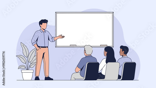 Business meeting presentation with diverse people and whiteboard