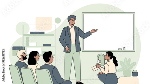 Business meeting presentation with diverse team in a modern office, whiteboard discussion