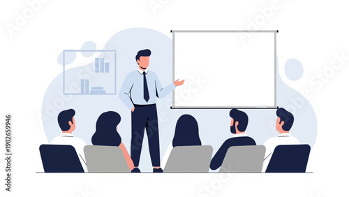 Business meeting presentation with whiteboard and audience in a modern office