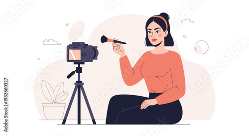 Beauty Vlogger recording makeup tutorial with camera on tripod