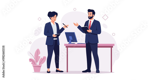 Business meeting: two professionals discussing work in a modern office