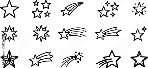 Collection of hand drawn star and comet icons a whimsical celestial illustration for design projects