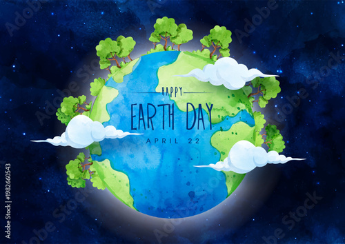 Illustration poster campaign of mother Earth day with nature landscape in watercolors style and vector design.