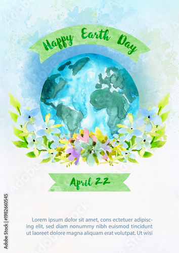 Happy Earth Day Watercolor Globe with Floral Wreath Environmental Protection, Sustainability, and Nature Celebration