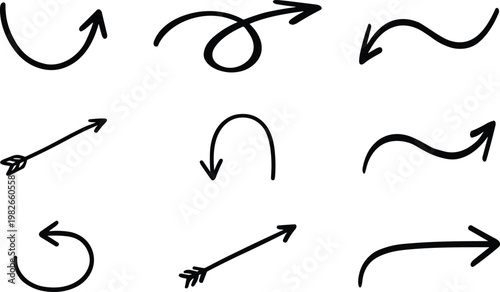 Collection of hand drawn black arrows and curved lines on a white background illustrating direction and movement