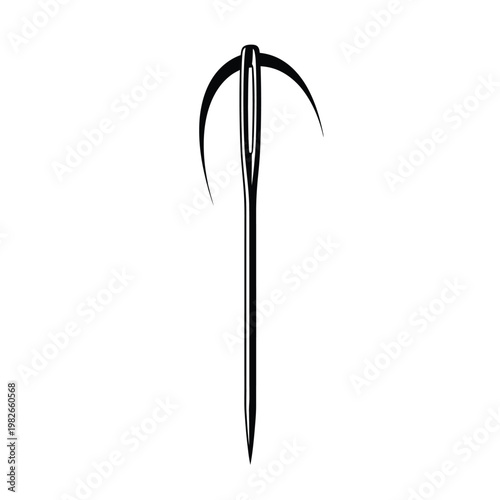 Black silhouette of a sewing needle with thread