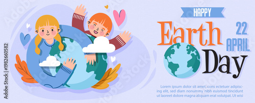 Poster illustration and web banner in paper cut style and cartoon character of Earth Day with child hug earth action, wording of event, example texts on light purple background.