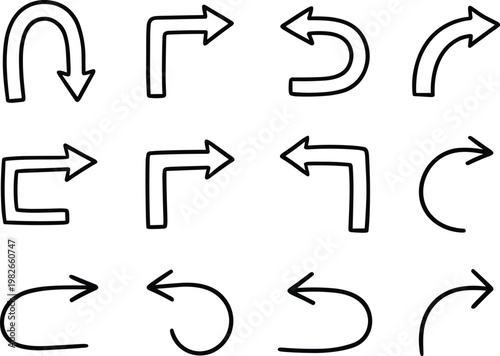 Collection of hand drawn arrow symbols illustrating direction rotation and movement in a simple sketchy style