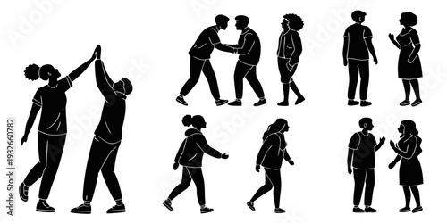 Collection of people silhouettes interacting with diverse social poses high five silhouettes interaction communication community diversity lifestyle friendship relationship greeting