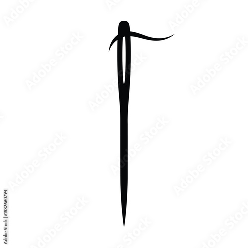 Black silhouette of a sewing needle with thread