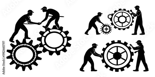 Black silhouette collection of industrial workers collaborating to assemble large complex mechanical gear systems with problem solving technical support engineering design manual labor