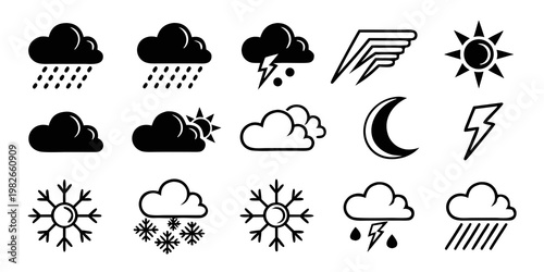 Varied weather and atmospheric condition icons set in clean silhouette graphics with forecast meteorology lightning snowflake environment collection illustration silhouette interface