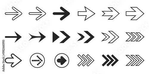 Set of diverse black and white directional arrow icons and indicators with direction navigation interface movement indicator isolated collection arrowhead creative abstract selection