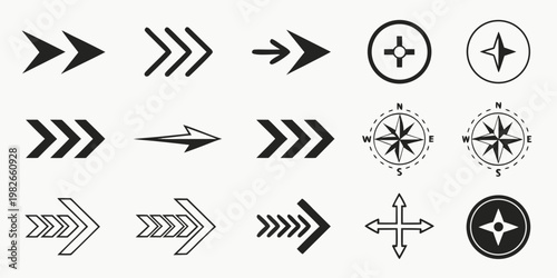 Collection of various directional arrows and compass navigational icons with direction navigation interface business orientation movement indicator isolated collection arrowhead