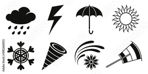 Seasonal weather and nature symbols set featuring meteorological elements in silhouette style meteorology umbrella snowflake lightning collection illustration silhouette forecast