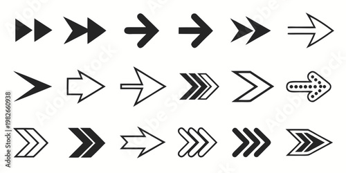 Assorted black and white arrow sign collection for digital design with direction navigation interface movement indicator isolated collection arrowhead creative abstract selection