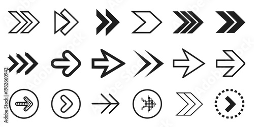 Diverse set of directional arrow icons for web design UI mapping and navigation elements with navigation direction pointing pointers interface collection minimalist elements arrowhead