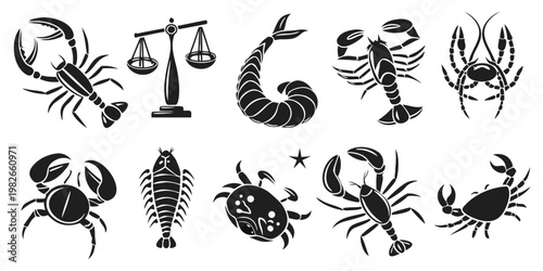 Set of black silhouettes featuring various sea creatures and a zodiac scale icon lobsters maritime crustaceans silhouettes wildlife illustration astrology creature collection elements