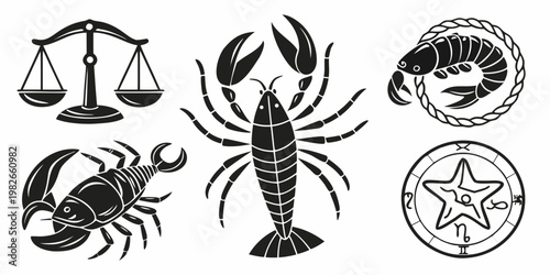 Set of black silhouette zodiac icons and sea crustaceans with astrology sign star sign astrology horoscope silhouette crustacean creature astronomical constellation collection mystical