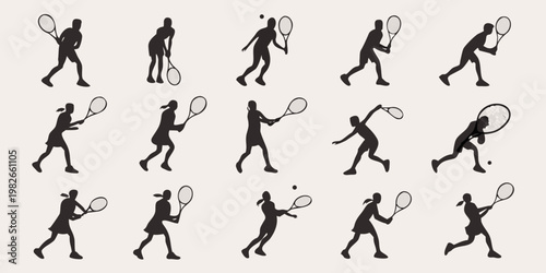 Collection of tennis player silhouettes in different poses for sports graphics and design elements with silhouette movement activity competition training professional exercise collection