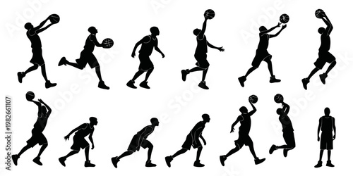 Set of black silhouettes of basketball players in motion and standing poses with a ball basketball silhouette shooting dribbling competition exercise activity training athletic