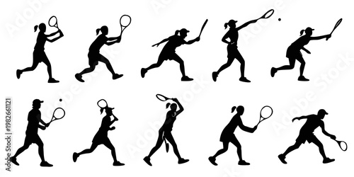 Set of black silhouettes of tennis players in various dynamic poses and action movements isolated on white background with silhouette activity movement exercise training competition