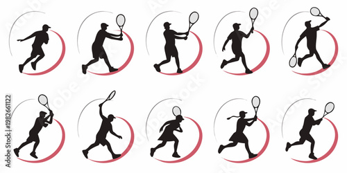 Tennis player silhouettes in various action poses with rackets and red abstract circular background silhouette competition training exercise movement tournament physical lifestyle